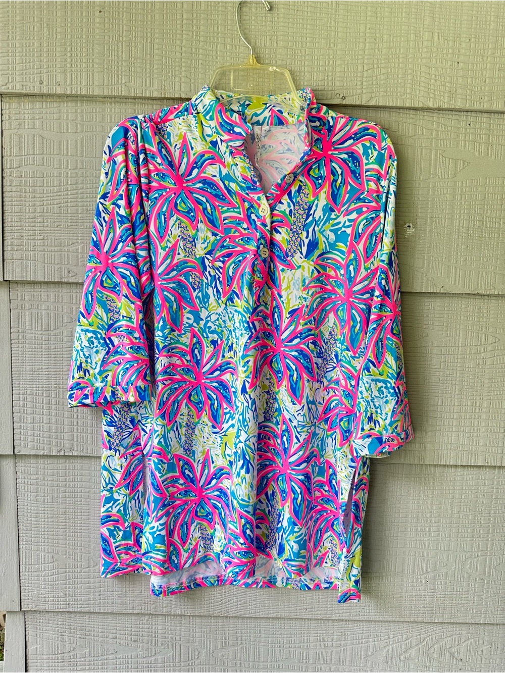Lulu-B Palms Tropical Floral  V-Neck Tunic - Vibrant Multicolor Relaxed Fit ~S